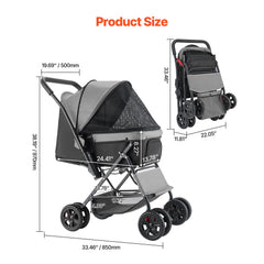 Pet Stroller, 20KG Weight Capacity, Foldable Dog Stroller Cart, 4 Wheels Cats Stroller with Mesh Windows & Revrsible Handle, Portable Pet Carrier Stroller with Brake, for Small to Medium Pets