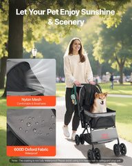 Pet Stroller, 20KG Weight Capacity, Foldable Dog Stroller Cart, 4 Wheels Cats Stroller with Mesh Windows & Revrsible Handle, Portable Pet Carrier Stroller with Brake, for Small to Medium Pets