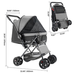 Pet Stroller, 20KG Weight Capacity, Foldable Dog Stroller Cart, 4 Wheels Cats Stroller with Mesh Windows & Revrsible Handle, Portable Pet Carrier Stroller with Brake, for Small to Medium Pets