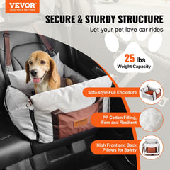 Dog Car Seat, Waterproof Dog Booster Seat for Car with Side Handles and A Storage Pocket, Clip-On Safety Leash and PP Cotton Filling, Dog Car Bed for Small Dog up to 11.3 kg, Gray