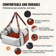 Dog Car Seat, Waterproof Dog Booster Seat for Car with Side Handles and A Storage Pocket, Clip-On Safety Leash and PP Cotton Filling, Dog Car Bed for Small Dog up to 11.3 kg, Gray