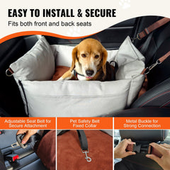 Dog Car Seat, Waterproof Dog Booster Seat for Car with Side Handles and A Storage Pocket, Clip-On Safety Leash and PP Cotton Filling, Dog Car Bed for Small Dog up to 11.3 kg, Gray