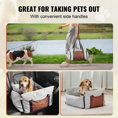 Dog Car Seat, Waterproof Dog Booster Seat for Car with Side Handles and A Storage Pocket, Clip-On Safety Leash and PP Cotton Filling, Dog Car Bed for Small Dog up to 11.3 kg, Gray