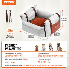 Dog Car Seat, Waterproof Dog Booster Seat for Car with Side Handles and A Storage Pocket, Clip-On Safety Leash and PP Cotton Filling, Dog Car Bed for Small Dog up to 11.3 kg, Gray