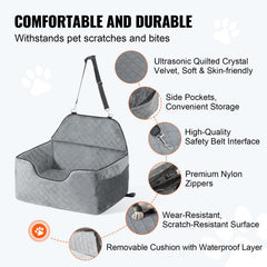 Dog Car Seat, Dog Booster Seat for Car with A Storage Pocket, Pet Car Seat with Clip-On Safety Leash, Sponge Filling, Dog Car Bed for Medium & Large Dog up to 24.9 kg, Gray