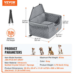Dog Car Seat, Dog Booster Seat for Car with A Storage Pocket, Pet Car Seat with Clip-On Safety Leash, Sponge Filling, Dog Car Bed for Medium & Large Dog up to 24.9 kg, Gray