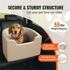 Dog Car Seat, Waterproof Dog Booster Seat for Car with A Storage Pocket, Clip-On Safety Leash and Sponge Filling, Dog Car Bed for Small & Medium Dog up to 24.9 kg, Brown