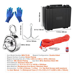 Magnet Fishing Kit, 1200lbs Pulling Force Double Sided Fishing Magnets, 2.95inch Diameter Magnet with Rope, Grappling Hook, Gloves, Waterproof Case, Threadlocker, Eye Bolt, for Fishing