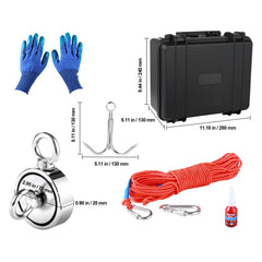 Magnet Fishing Kit, 1200lbs Pulling Force Double Sided Fishing Magnets, 2.95inch Diameter Magnet with Rope, Grappling Hook, Gloves, Waterproof Case, Threadlocker, Eye Bolt, for Fishing