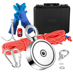 Magnet Fishing Kit, 1200lbs Pulling Force Double Sided Fishing Magnets, 2.95inch Diameter Magnet with Rope, Grappling Hook, Gloves, Waterproof Case, Threadlocker, Eye Bolt, for Fishing