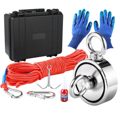Magnet Fishing Kit, 1200lbs Pulling Force Double Sided Fishing Magnets, 2.95inch Diameter Magnet with Rope, Grappling Hook, Gloves, Waterproof Case, Threadlocker, Eye Bolt, for Fishing