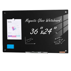 Magnetic Glass Whiteboard, Dry Erase Board 36"x24", Wall-Mounted Large White Glassboard Frameless, with Marker Tray, an Eraser and 2 Markers, Black