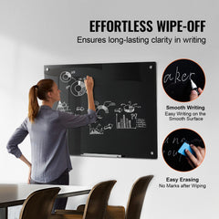 Magnetic Glass Whiteboard, Dry Erase Board 36"x24", Wall-Mounted Large White Glassboard Frameless, with Marker Tray, an Eraser and 2 Markers, Black