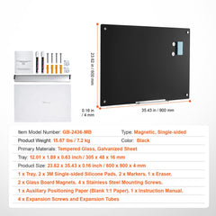 Magnetic Glass Whiteboard, Dry Erase Board 36"x24", Wall-Mounted Large White Glassboard Frameless, with Marker Tray, an Eraser and 2 Markers, Black