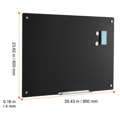 Magnetic Glass Whiteboard, Dry Erase Board 36"x24", Wall-Mounted Large White Glassboard Frameless, with Marker Tray, an Eraser and 2 Markers, Black