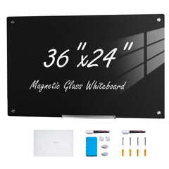 Magnetic Glass Whiteboard, Dry Erase Board 36"x24", Wall-Mounted Large White Glassboard Frameless, with Marker Tray, an Eraser and 2 Markers, Black