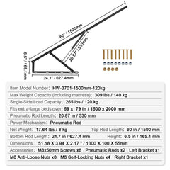 Bed Lift, 1500x2000mm Compatible Extra-large Size 140kg Load Bearing, DIY Wall Bed Mechanical Hardware Kit Vertical Deluxe, Pneumatic Lever Heavy Duty Support, Folding for Guestroom