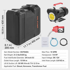 Fuel Transfer Pump, 12V DC 10 GPM 1/4 HP, Portable Electric Diesel Transfer Pump with Automatic Shut-Off Fuel Nozzle, High Flow, Long Inlet & Outlet Hose for Diesel, Kerosene, Transformer Fuel