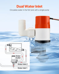 Livewell Pump for Boat 12V 500 GPH Livewell Aerator Pump Straight 2 Inlets