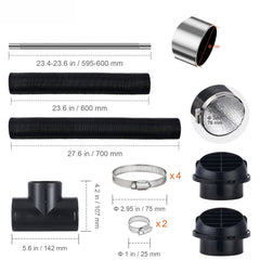 Diesel Heater Pipe Ducting Set, 3" Extendable Air Duct Hose, 1" Stainless Steel Exhaust Pipe, 2 Air Vents, Tee Air Outlet Connector and Hose Clamps, for 2KW/5KW/8KW Diesel Parking Heaters