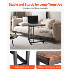 C Table, C Shaped Sofa Side Table with Metal Frame Rolling Casters, Portable C Shaped End Stand for Living Room Bedroom Office, 19.69 x 13.78 x 23.82 inches Laptop Side Tables, Brown and Black