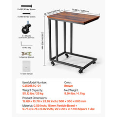 C Table, C Shaped Sofa Side Table with Metal Frame Rolling Casters, Portable C Shaped End Stand for Living Room Bedroom Office, 19.69 x 13.78 x 23.82 inches Laptop Side Tables, Brown and Black