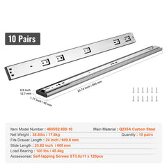 10 Pairs of 609.6mm Drawer Slides Side Mount Rails, Heavy Duty Full Extension Steel Track, Soft-Close Noiseless Guide Glides Cabinet Kitchen Runners with Ball Bearing, 100 Lbs Load Capacity