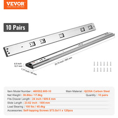 10 Pairs of 609.6mm Drawer Slides Side Mount Rails, Heavy Duty Full Extension Steel Track, Soft-Close Noiseless Guide Glides Cabinet Kitchen Runners with Ball Bearing, 100 Lbs Load Capacity