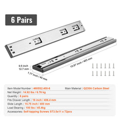 6 Pairs of 406.4mm Drawer Slides Side Mount Rails, Heavy Duty Full Extension Steel Track, Soft-Close Noiseless Guide Glides Cabinet Kitchen Runners with Ball Bearing, 100 Lbs Load Capacity