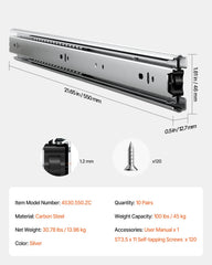 Drawer Cabinet Slides Side Mount 22 inch 10 Pairs 100 LB Load Replacement