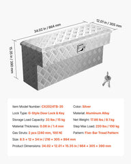 Truck Bed Tool Box, Heavy Duty Aluminum Tool Box with Tread Patterns, Storage Toolbox Chest Organizer with Lock and Key, Ideal for Pickup, Truck Bed, RV, Trailer, 864 x 305 x 390 mm, Silver