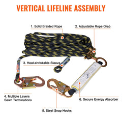 Vertical Lifeline Assembly 0.55'' x 100' Fall Protection Rope 30 KN ANSI