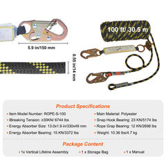Vertical Lifeline Assembly 0.55'' x 100' Fall Protection Rope 30 KN ANSI