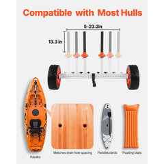 Kayak Cart, 104 kg Load Capacity, Canoe Cart Dolly with 25.4 cm Solid PU Tires & Kickstand, Assembles & Disassembles Within Seconds, Paddle Board Trolley for Kayaks, Canoes, Paddleboards