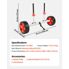 Kayak Cart, 104 kg Load Capacity, Canoe Cart Dolly with 25.4 cm Solid PU Tires & Kickstand, Assembles & Disassembles Within Seconds, Paddle Board Trolley for Kayaks, Canoes, Paddleboards