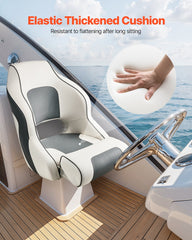 Boat Seat, High Backrest, Flip Up Boat Seat Captain Bucket Seat with Thickened Sponge Cushion & Waterproof PVC Leather, Ergonomic Design, Folding Boat Seat for Boats, Yachts, Ships, White & Grey