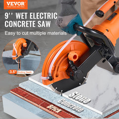 Electric Concrete Saw, 9 in, 2000 W 15 A Motor Circular Saw Cutter with 3.5 in Cutting Depth, Wet/Dry Disk Saw Cutter Includes Water Line, Pump and Blade, for Stone, Brick