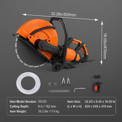 Electric Concrete Saw, 16 in, 2800 W 15 A Motor Circular Saw Cutter with Max. 6 in Adjustable Cutting Depth, Wet Disk Saw Cutter Includes Water Line, Pump and Blade, for Stone, Brick