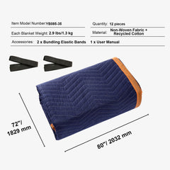 Moving Blankets, 2032 x 1829 mm, 15.6 kg/dz, 12 Packs, Professional Non-Woven & Recycled Cotton Packing Blanket, Heavy Duty Mover Pads for Protecting Furniture, Floors, Appliances, Blue/Orange
