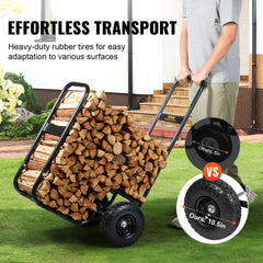 VEVOR Firewood Log Cart, 113 kg Load Capacity, Outdoor and Indoor Wood Rack Storage Mover with Pneumatic Rubber Wheels, Heavy Duty Steel Dolly Hauler, Firewood Carrier for Fireplace, Fire Pit, Black
