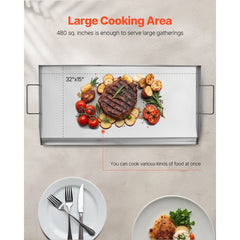 Stainless Steel Griddle, 32x16 inch Universal Flat Top Rectangular Plate, Gas Grill Griddle for BBQ Grill, Teppanyaki, Portable Family Cookware with Handle, for Camping Tailgating Party