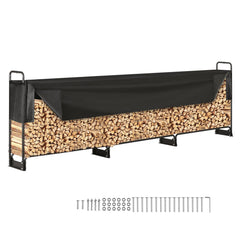 Firewood Rack with Waterproof Cover, 383 x 36 x 117 cm Outdoor Firewood Holder, 660lb Weight Capacity, 1/2 Cord Log Holder, Half-Covered, Powder-coated Wood Storage Rack for Fireplace Deck