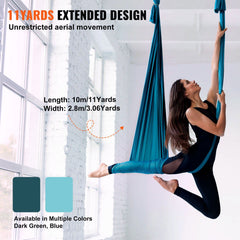 Aerial Silk & Yoga Swing, 10 m Length, Aerial Yoga Hammock Kit with 100gsm Nylon Fabric, Full Rigging Hardware & Easy Set-up Guide, Antigravity Flying for All Levels Fitness Bodybuilding, Green