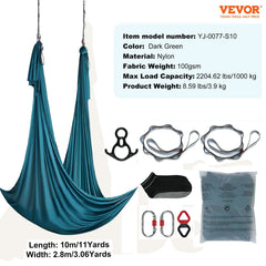 Aerial Silk & Yoga Swing, 10 m Length, Aerial Yoga Hammock Kit with 100gsm Nylon Fabric, Full Rigging Hardware & Easy Set-up Guide, Antigravity Flying for All Levels Fitness Bodybuilding, Green