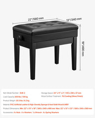 Piano Bench, Keyboard Piano Chair with 19.3"-22.8" Adjustable Height, Padded Cushion, Storage Compartment for Music Books, Heavy Duty Wooden Piano Stool Seat, for Vanity, Living Room, Bedroom