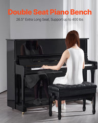 Piano Bench, Duet Keyboard Piano Chair with 20.3"-23.4” Adjustable Height, High-Density Padded Cushion, Storage Compartment for Music Books, Wooden Piano Stool Seat, for Vanity, Living Room