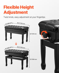 Piano Bench, Duet Keyboard Piano Chair with 20.3"-23.4” Adjustable Height, High-Density Padded Cushion, Storage Compartment for Music Books, Wooden Piano Stool Seat, for Vanity, Living Room