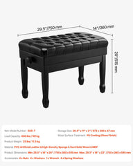 Piano Bench, Duet Keyboard Piano Chair with 20.3"-23.4” Adjustable Height, High-Density Padded Cushion, Storage Compartment for Music Books, Wooden Piano Stool Seat, for Vanity, Living Room