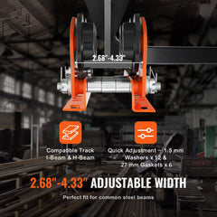 Electric Hoist Manual Trolley, 1 Ton Load Capacity for PA200 PA250 PA300 PA400 PA500, Push Beam Trolley with Dual Wheels, 68 mm-110 mm Adjustable Beam Flange Width for Straight Curved I Beam