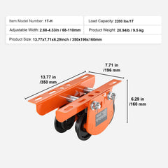 Electric Hoist Manual Trolley, 1 Ton Load Capacity for PA200 PA250 PA300 PA400 PA500, Push Beam Trolley with Dual Wheels, 68 mm-110 mm Adjustable Beam Flange Width for Straight Curved I Beam